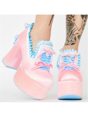 Dolls Kill Sugar Thrillz Bisous Pastel Satin Platform Ruffle Bow Platforms US 9